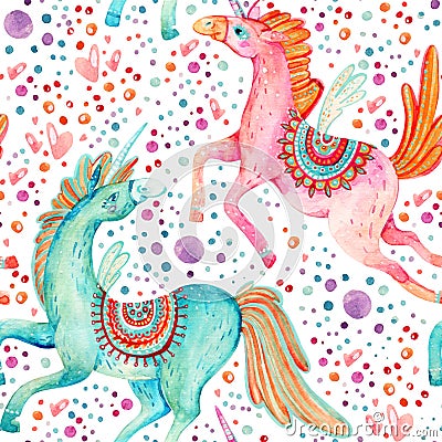 Watercolor pair of flying unicorns seamless pattern on background with bubbles and hearts Cartoon Illustration