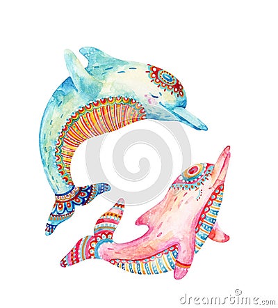 Watercolor pair of lovely dolphins isolated on white background. Cartoon Illustration