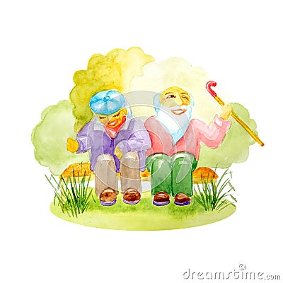 Watercolor pair of white seniors with a cane sitting on a bench in the park and laughing Stock Photo