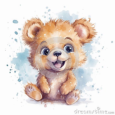 A watercolor paiting of a cub brown bear, funny and adorable wallpaper Stock Photo
