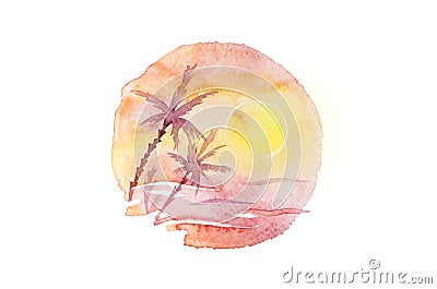 Watercolor palms, sunset and sea in circle composition. Artistic tropical sunrise, round illustration isolated on white Cartoon Illustration