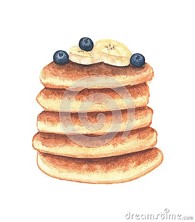 Watercolor pancakes with blueberries and bananas. Can be used for menu, banner, cards, invitations etc. Stock Photo