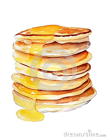 Watercolor pancakes with honey. Cartoon Illustration