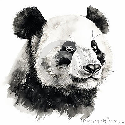 Watercolor Panda Bear Heads: Monochromatic Portraits In Detailed Illustrations Stock Photo