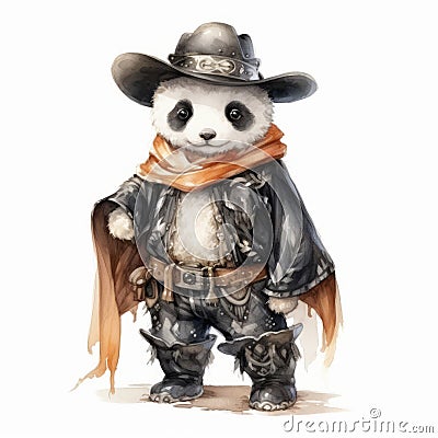 Watercolor Panda In Cowboy Attire: Realistic Fantasy Artwork Cartoon Illustration