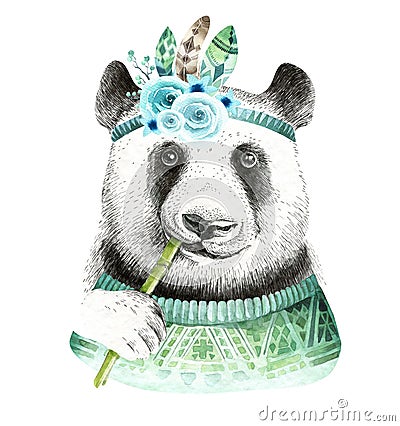 Watercolor panda illustration. Bohemian cute animal. Boho style. Cartoon Illustration