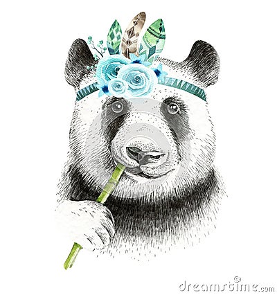 Watercolor panda illustration. Bohemian cute animal. Boho style. Cartoon Illustration