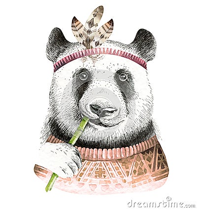 Watercolor panda illustration. Bohemian cute animal. Boho style. Cartoon Illustration