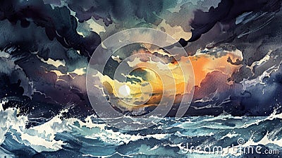 Watercolor panorama of a dramatic sunset over churning ocean waves, where dark clouds part to reveal a fiery sky Stock Photo