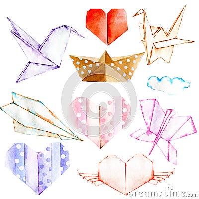 Watercolor paper origami illustrations set, hand painted isolated on a white background, for Valentine`s Day greeting card Cartoon Illustration