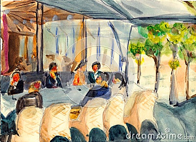 Watercolor paris street coffee bar Stock Photo