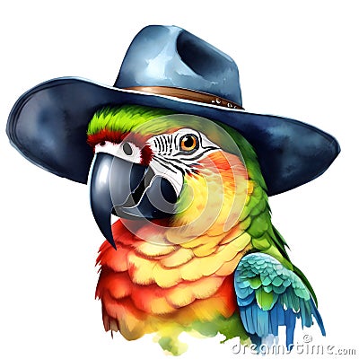 watercolor parrot with a colorful cowboy hat. AI-Generated. Stock Photo