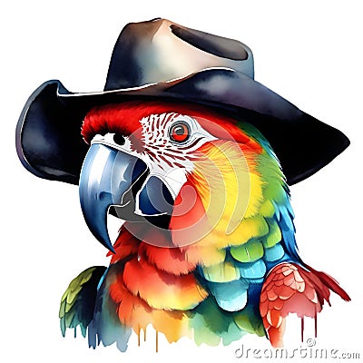 watercolor parrot with a colorful cowboy hat. AI-Generated. Stock Photo