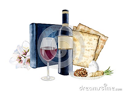 Watercolor Passover food and symbols for greetings, social media posts with wine, matzah, Haggadah book, spring flowers Stock Photo