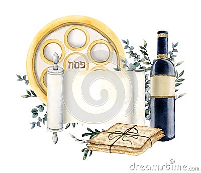 Watercolor Passover greeting template for card, invitation, flyer with scroll, matzah, Pesah seder plate, eucalyptus Stock Photo