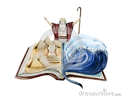 Watercolor Passover Haggadah book with Moses standing with raised hands separating Red sea in Exodus Jewish illustration Cartoon Illustration