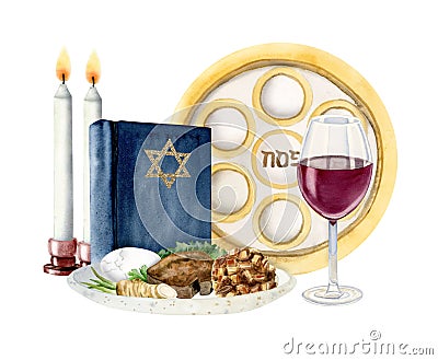 Watercolor Passover seder composition with traditional meal, red wine glass, Haggadah, candles. Jewish illustration Cartoon Illustration