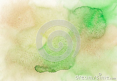 Watercolor pastel green and beige background texture. Light khaki and brown stains on paper Stock Photo