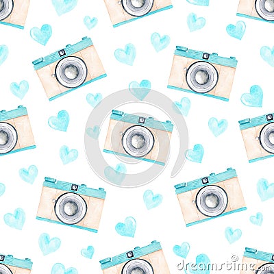 Watercolor pastel pink blue vintage retro camera and heart clipart seamless pattern. Handmade digital paper background Stock Photo