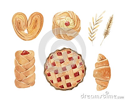 Watercolor pastry illustration - bright and fresh hand painted croissant, very pie, bun. Cartoon Illustration