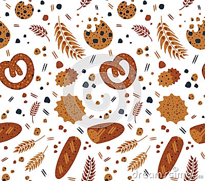 Watercolor pastry seamless pattern with illustration of bakery products in vintage cartoon doodle style isolated on Cartoon Illustration