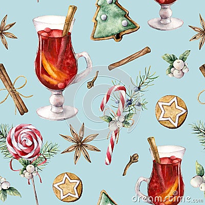 Watercolor pastry seamless pattern with mulled wine. Hand painted lollipop, cookies, juniper and snowberry isolated on Stock Photo