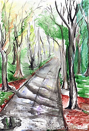 Watercolor path in the autumn park landscape Stock Photo