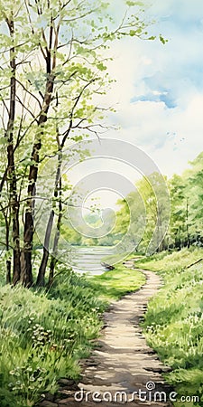 Hyper Realistic Watercolor Landscape: Meadowbrook Trail Stock Photo