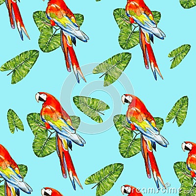 Seamless watercolor pattern on blue background. Red green macaw, ara parrot, isolated, aquarelle illustration Stock Photo