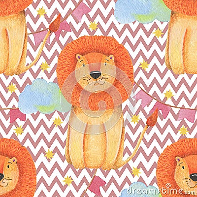 Watercolor pattern animal cute lion circus on a white background, star, garland, clouds. Hand draw illustration. Cartoon Illustration