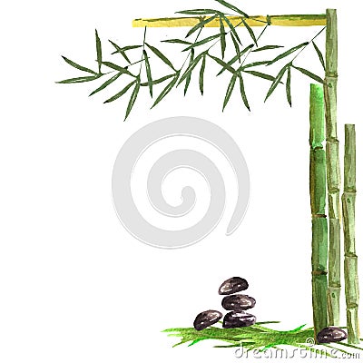 Watercolor pattern with bamboo branches, castings and stones on a white background. For design of cards, business cards, Stock Photo