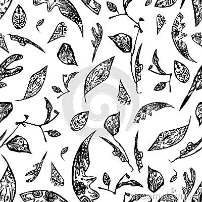 watercolor pattern black and white leaves and feathers, doodle design Stock Photo