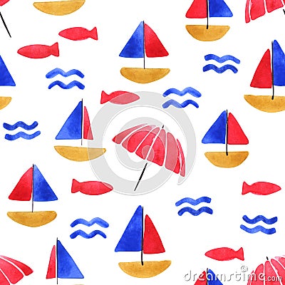 Watercolor pattern with boats, fish and umbrellas Stock Photo