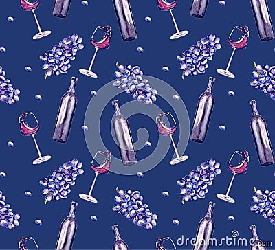 Watercolor pattern with bottle of vine, glass of vine and grape Cartoon Illustration