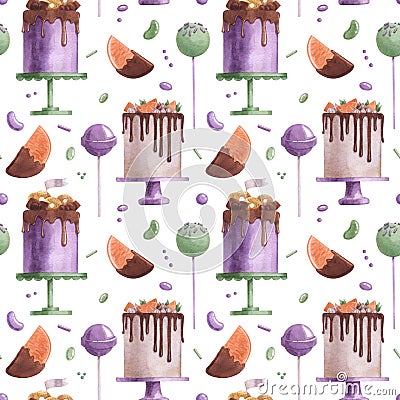 Watercolor pattern of cakes and candies Cartoon Illustration