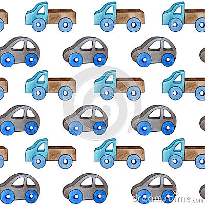 Watercolor pattern cars and trucks Stock Photo