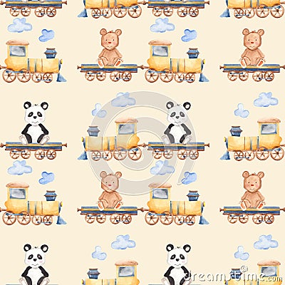 Watercolor pattern with cartoon bears on the train. Stock Photo