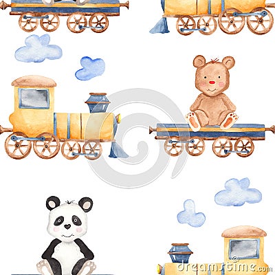 Watercolor pattern with cartoon bears on the train. Stock Photo