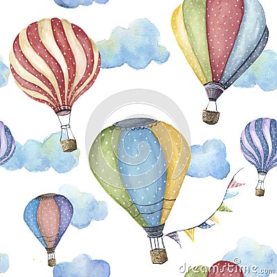 Watercolor pattern with cartoon hot air balloon. Transport ornament with flag garlands and clouds isolated on white Stock Photo