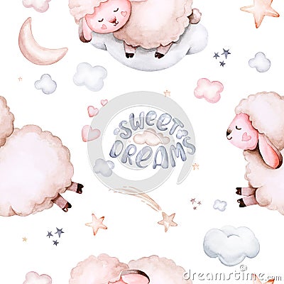 Watercolor pattern for children with sleeping sheep. print for baby fabric, poster pink with beige and blue clouds, moon, sun. Cartoon Illustration