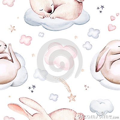 Watercolor pattern for children with sleeping bunny. Rabbit print for baby fabric, poster pink with beige and blue clouds, moon, Cartoon Illustration