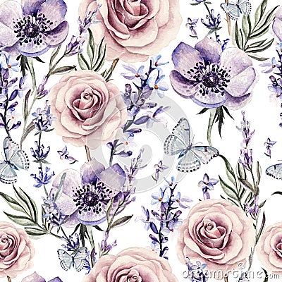 Watercolor pattern with the colors of lavender, roses and anemone. Stock Photo