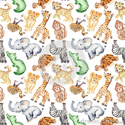 Watercolor pattern with cute cartoon animals of Africa. Stock Photo