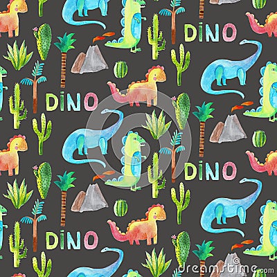 Watercolor pattern with dinosaurs. Fabric wallpaper print texture. Cute dino design. Stock Photo