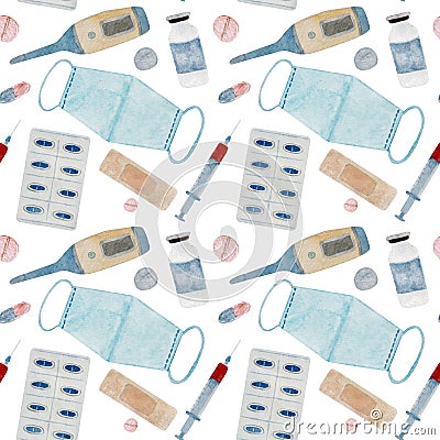 Watercolor pattern, elements for medicine, mask, pills, vaccine on white background. For various health, medical product Stock Photo