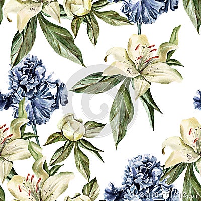 Watercolor pattern with flowers iris, peonies and lilies, buds and petals. Stock Photo