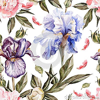 Watercolor pattern with flowers iris, peonies and Stock Photo