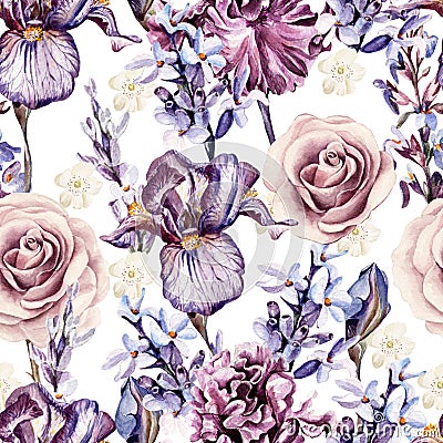 Watercolor pattern with flowers of iris, rose and lavender. Stock Photo