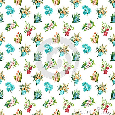 Watercolor pattern of flowers and leaves seamless design on white background Stock Photo