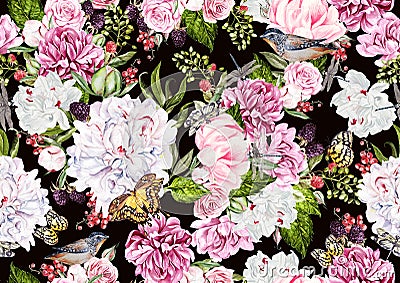 Watercolor pattern with flowers of peony and roses, berryes and birds. Raspberries, currants and blackberries. Stock Photo